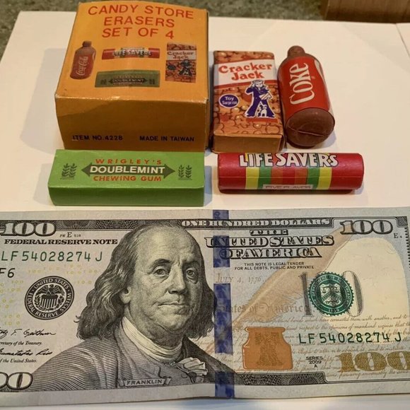 Other | 4 Old 197s Eraser Set Boxed Coca Cola Bottle Cracker Jack Gum ...